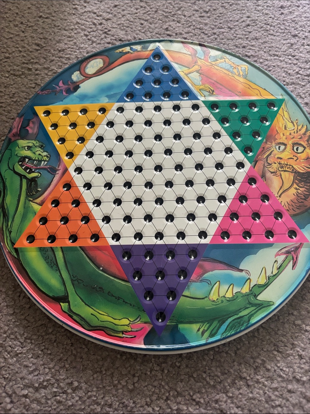 Vintage dragon themed Chinese checkers tin